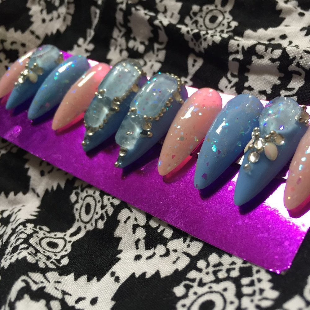 Cotton Candy n clear Glitter Gems press on nails